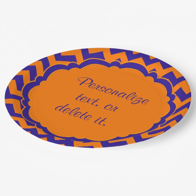 Schulfarben-Monogramm Zickzack Orange-Blue- Pappteller (Schrägansicht)