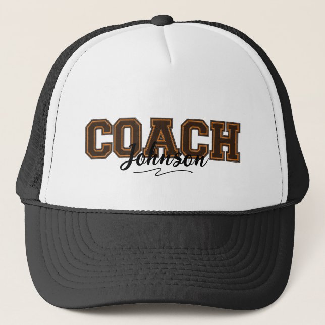 Schulfarben Personalisiert-Coach-Orange und Brown Truckerkappe (Vorderseite)