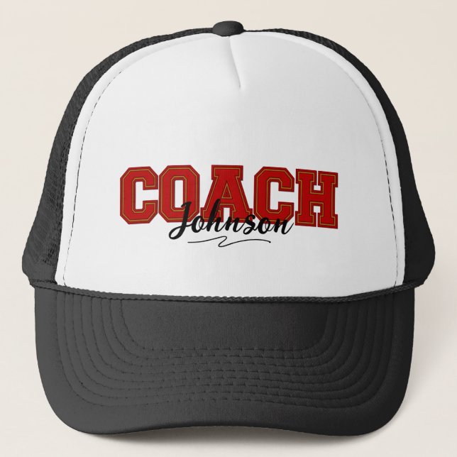 Schulfarben Personalisierter Coach Red und Gold Truckerkappe (Vorderseite)