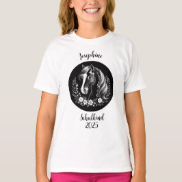 Schulkind 2026 - Pferd mit Blumen - schwarz weiß | T-Shirt