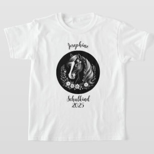Schulkind 2026 - Pferd mit Blumen - schwarz weiß   T-Shirt
