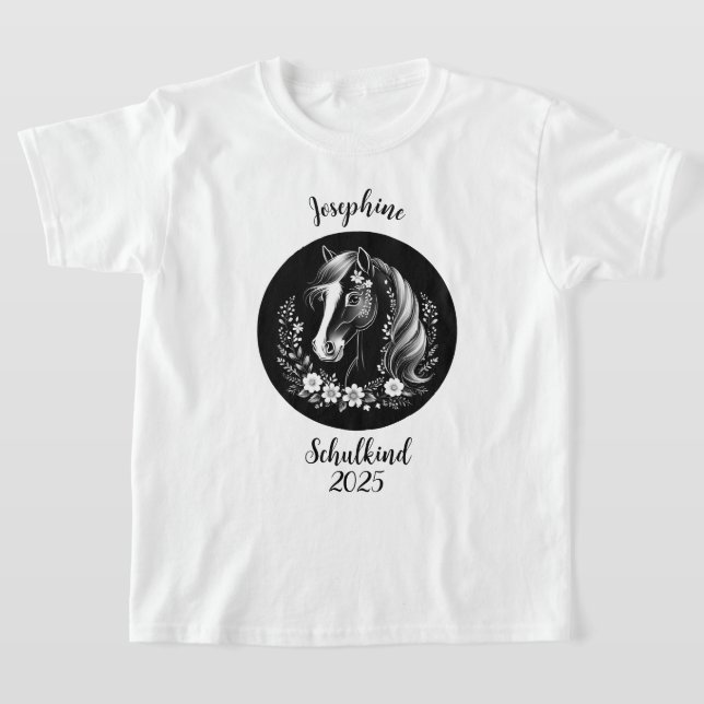 Schulkind 2026 - Pferd mit Blumen - schwarz weiß | T-Shirt (Ablage )