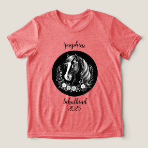 Schulkind 2026 - Pferd mit Blumen - schwarz weiß Tri-Blend Shirt