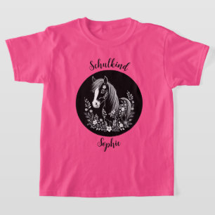 Schulkind - Pony mit Blumen - schwarz weiß   T-Shirt