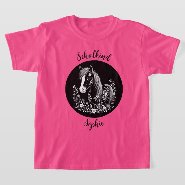 Schulkind - Pony mit Blumen - schwarz weiß | T-Shirt (Ablage )