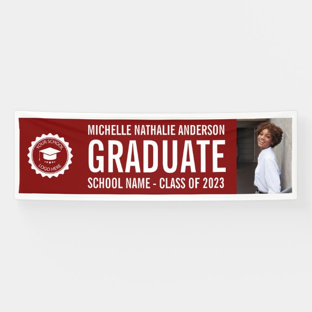 Schullogo Abschluss Foto Party Maroon White Banner (Horizontal)