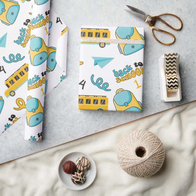 Schulnahtloses Umschlagpapier: Zahlen, Tasche, Bus Geschenkpapier (Kunsthandwerk)