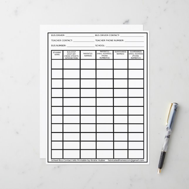 Schulungsliste für Busfahrer - Kontaktinformatione (Vorderseite/Rückseite Beispiel)