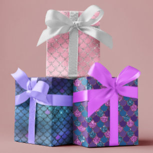 Schuppen der hübschen Meerjungfrau glänzen violett Geschenkpapier Set