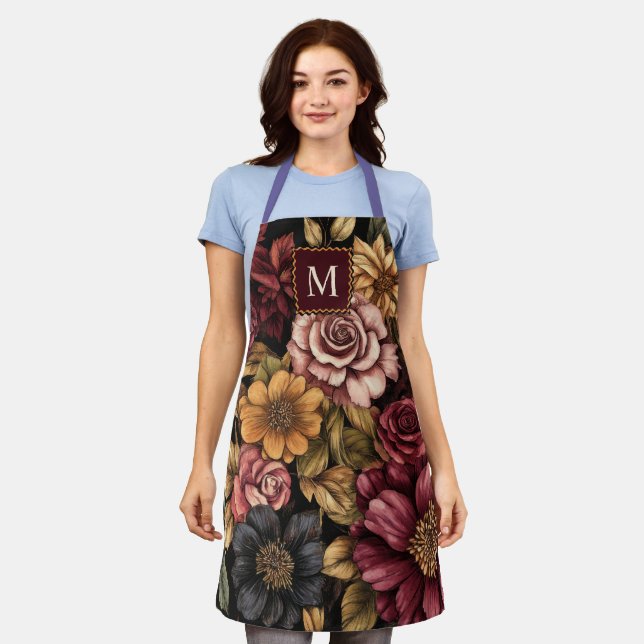 Schürze für das Muster des Burgundy Floral (Getragen)