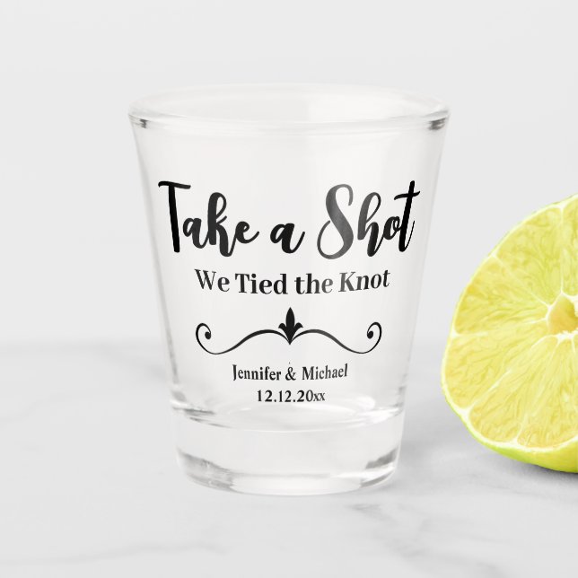 Schuss wir eine knot Hochzeit stilvoll modern Schnapsglas (Vorderseite)