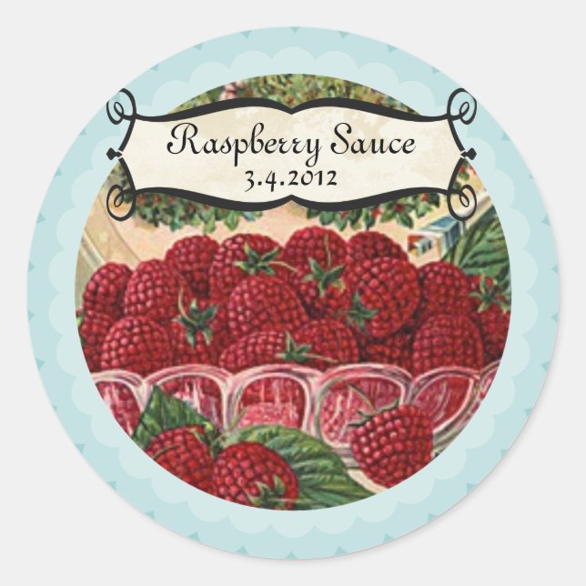 Schüssel mit dem Konservenetikett für Himbeeren Runder Aufkleber (Vorderseite)
