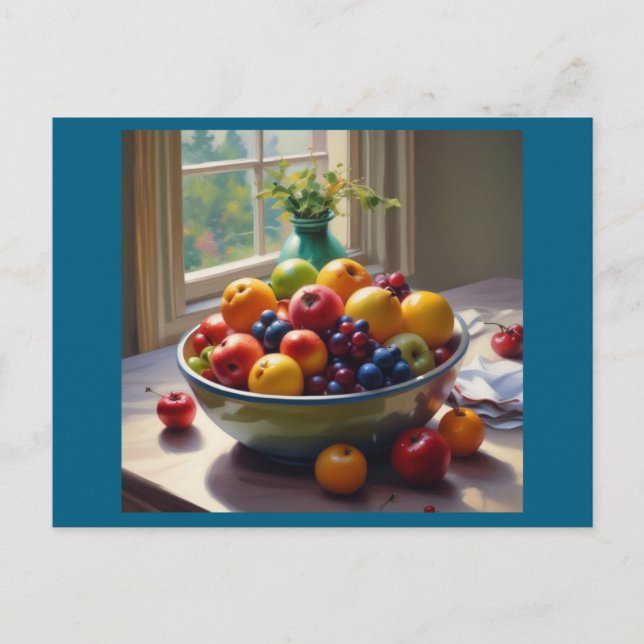 Schüssel mit Obst auf Tisch klassische Ölmalerei Postkarte (Vorderseite)