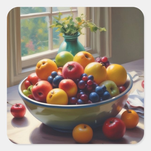 Schüssel mit Obst auf Tisch klassische Ölmalerei Quadratischer Aufkleber (Vorderseite)