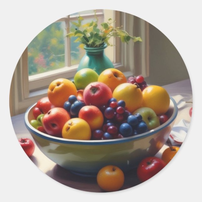 Schüssel mit Obst auf Tisch klassische Ölmalerei Runder Aufkleber (Vorderseite)
