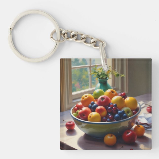 Schüssel mit Obst auf Tisch klassische Ölmalerei Schlüsselanhänger (Vorderseite)