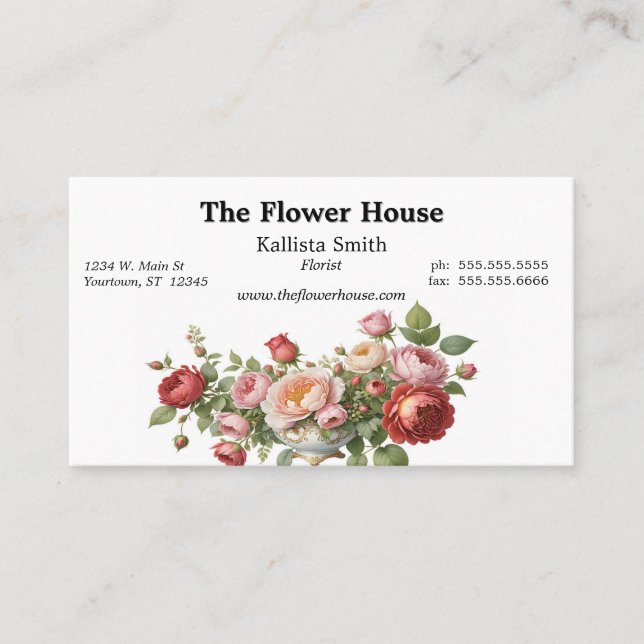Schüssel mit Rose Florist Blume Designer Grower Visitenkarte (Vorderseite)