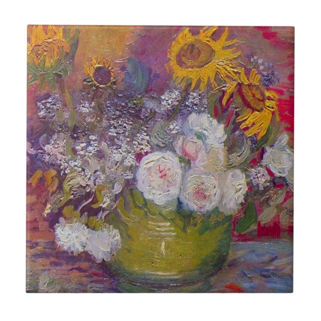 Schüssel mit Sonnenblumen und Rose von Vincent van Fliese (Vorderseite)