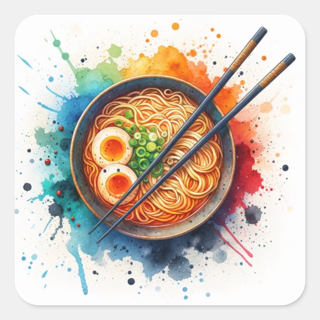 Schüssel Ramen Noodles, Ei und Chopsticks Quadratischer Aufkleber (Vorderseite)