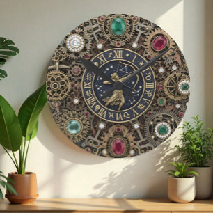 Schütze-Sternzeichen Uhr, Steampunk, Edelsteine Runde Wanduhr