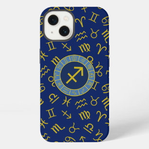 Schütze Zodiac+Astrologie-Symbole Ptn Gld+Blues iPhone Hülle