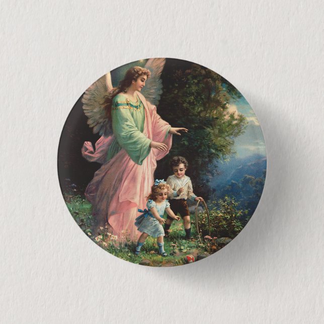 Schutzengel, der Kinder in der Nähe einer Brücke s Button (Vorderseite)