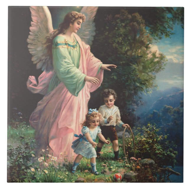 Schutzengel, der Kinder in der Nähe einer Brücke s Fliese (Vorderseite)
