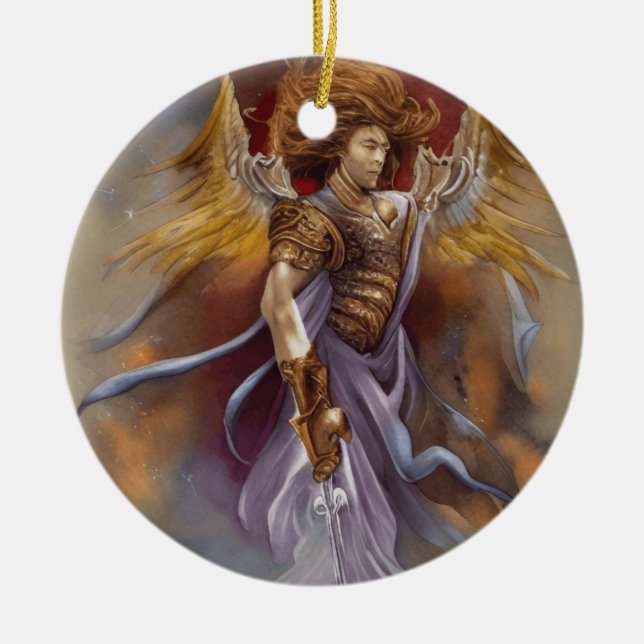 Schutzengel im Aquarelllavender Krieger Keramik Ornament (Vorne)