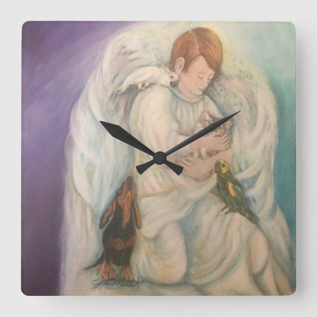 Schutzengel-Junge mit quadratischer Wanduhr der (Vorderseite)