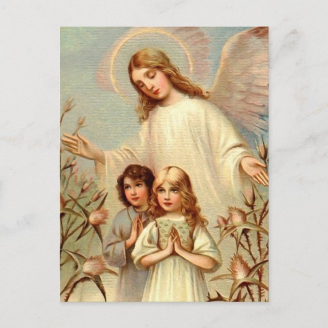 Schutzengel und Betende Kinder und Distel Postkarte (Vorderseite)