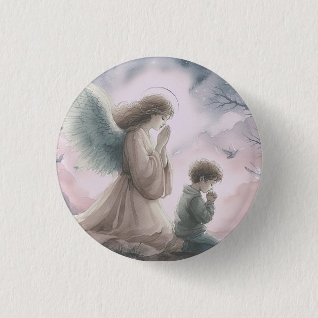 Schutzengel und Kind beten zusammen Button (Vorderseite)
