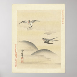 Schwalben auf dem Flügel, antike japanische Malere Poster
