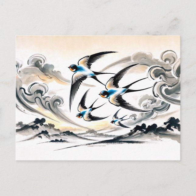Schwalben durch den Himmel in chinesischer Tinte P Postkarte (Vorderseite)