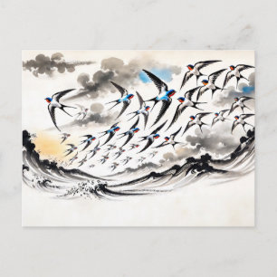 Schwalben durch den Himmel in chinesischer Tinte P Postkarte