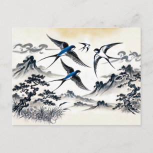 Schwalben durch den Himmel in chinesischer Tinte P Postkarte