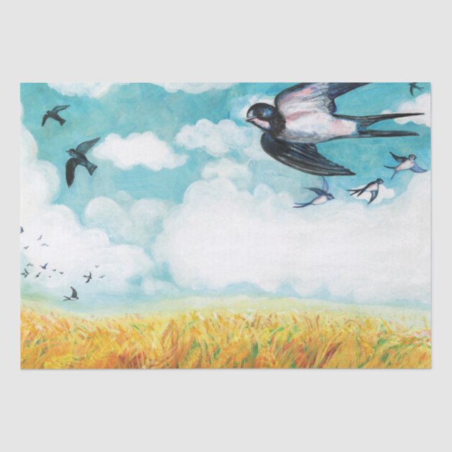Schwalben fliegen über blauem Himmel Seidenpapier (Vorderseite)