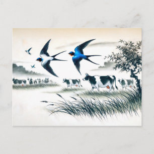 Schwalben fliegen über ein Viehfeld in chinesische Postkarte