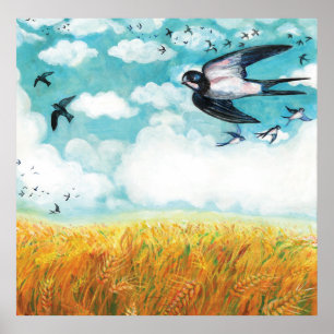 Schwalben über einem Weizenfeld Illustration Poster