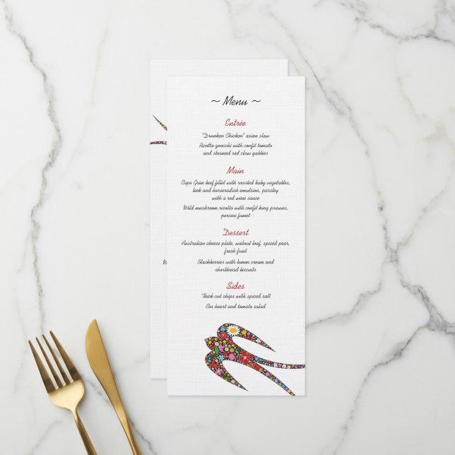 Schwalben und farbenfrohe Frühlingsblumen Hochzeit Menükarte (Vorderseite/Rückseite Beispiel)