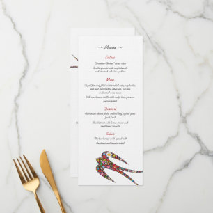 Schwalben und farbenfrohe Frühlingsblumen Hochzeit Menükarte