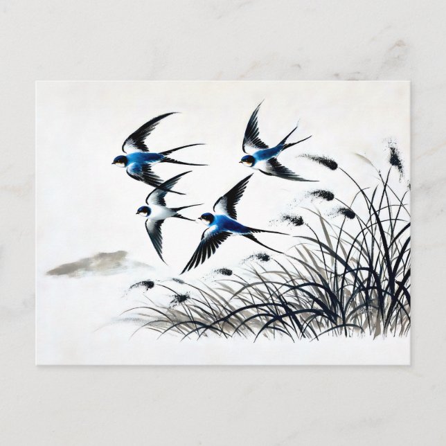 Schwalbengruppe, die durch den Himmel in China auf Postkarte (Vorderseite)