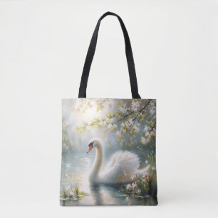 Schwan auf dem See Frühlingsblumenkunst Tasche
