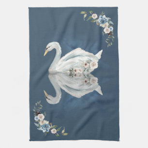 Schwan Blau Spiegelung Floral Geschirrtuch