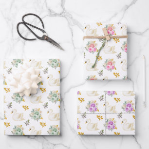 Schwan Grün, Rosa, Lila und Gold Blumenrosen Geschenkpapier Set