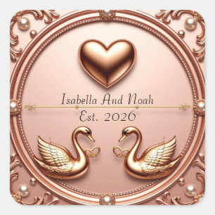 Schwan-Hochzeitsringe Floral Roségold Quadratischer Aufkleber