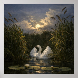Schwan im Mondlicht Poster