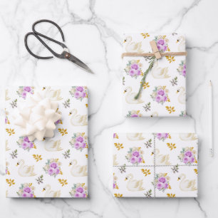 Schwan Lila und Gold Florale Rosen Geschenkpapier Set