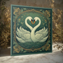 Schwan-Paar Art Nouveau Waldgrün-Wandakzent