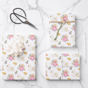 Schwan Pink und Gold Florale Rosen Geschenkpapier Set
