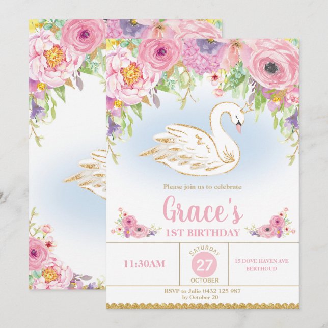 Schwan-Prinzessin Birthday Invitation Floral Girl Einladung (Vorne/Hinten)